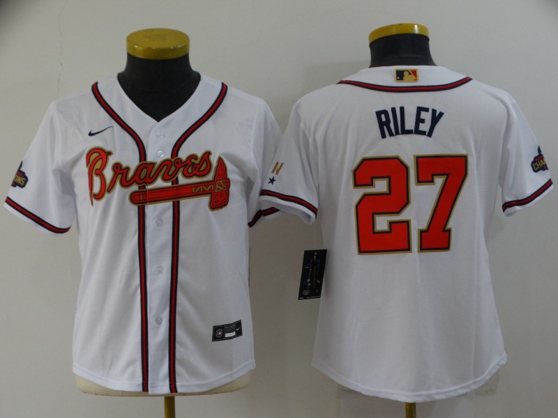 Women Braves 27 Austin Riley White 2022 Gold Program Nike Cool Base Jersey,We sell and wholesale Women Braves 27 Austin Riley White 2022 Gold Program Nike Cool Base Jersey on line form chian!